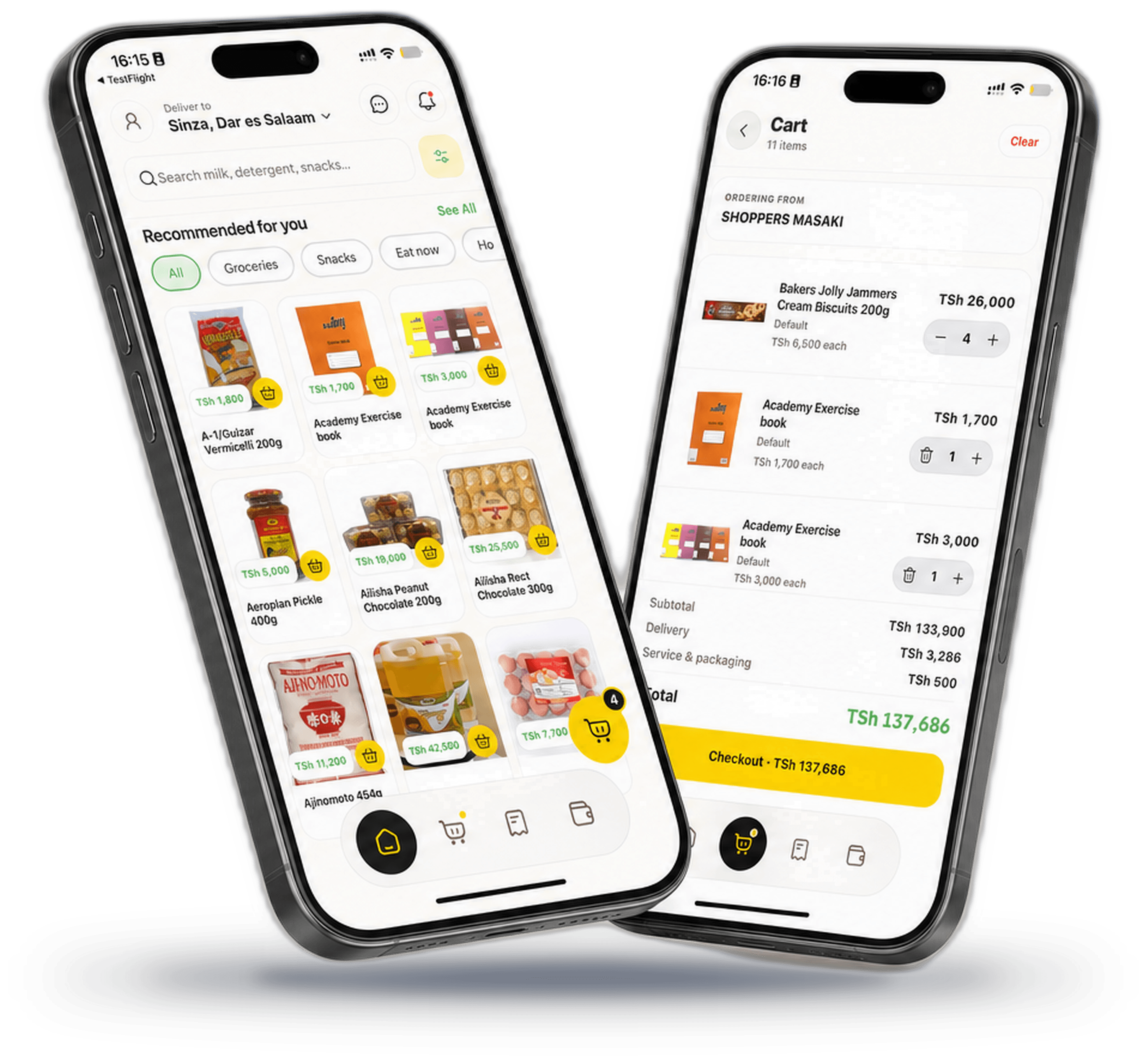 ZIING app on two phones showing home and cart